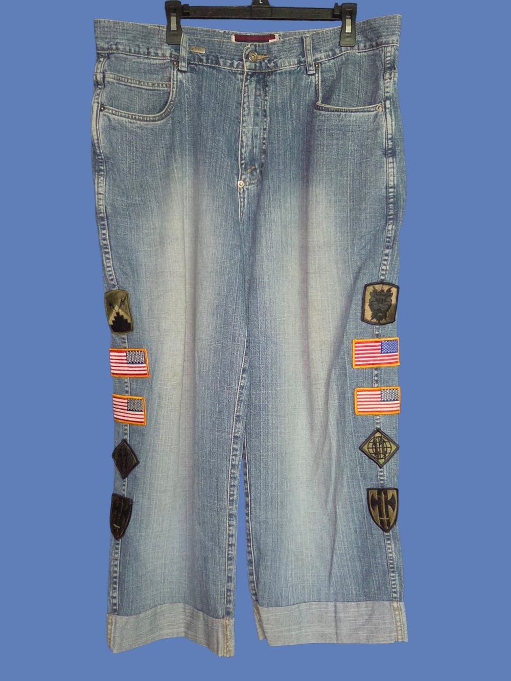 Vintage Phat Farm Light Blue Relaxed Jeans with Patch and Flag Details **